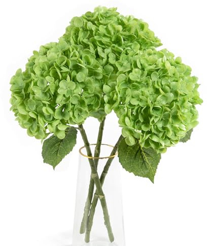 BonBloom's Lot de 3 Fleurs d'hortensia artificielles en Latex au Toucher réaliste pour Bouquet de Mariage, fête, centres de Table, décoration d'intérieur et d'extérieur - Vert foncé