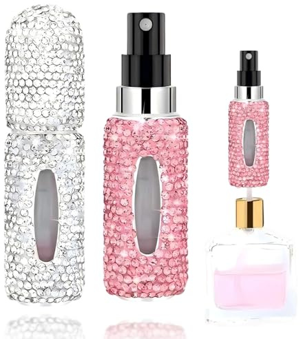 2 Pack Travel Perfume Atomiser Bottle, 5ml Mini Perfume Spray Bottles for Women Men, Refillable and Leak-Proof Travel Aftershave Decanter Crystal Embellishment Essential for Purse, Pocket, Handbag