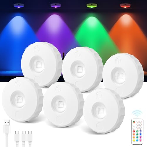 SAMALICAR Schrankbeleuchtung LED Vitrinenbeleuchtung USB Aufladbar - RGB Spots Akku mit Touch und Fernbedienung Rund Magnetisch Dimmbar Kabellos Unterbauleuchte Indirekte Beleuchtung 6 Pack