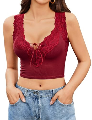 Avidlove Top Corto de Encaje Sexy para Mujer Camiseta sin Mangas Y2k Cuello en V Encaje Camisola Top Corto básico Atuendo para Festivales