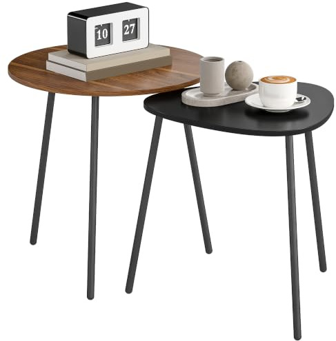 HOMCOM Lot de 2 Tables Basses gigognes Style Contemporain Noyer et Noir | Tables d'Appoint, Cadre en Métal, Formes Ronde et Triangulaire, Bout de Canapé, Salon, Chambre