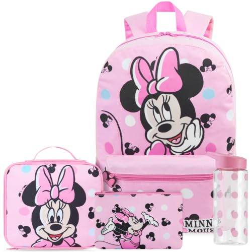 Get Trend Minnie Mouse Grand Sac a Dos Fille Set, 4 Pcs Cartable 46 cm, Trousse Scolaire, Sac Isotherme Repas et 500ml sans BPA Gourde avec Paille (Rose Minnie)