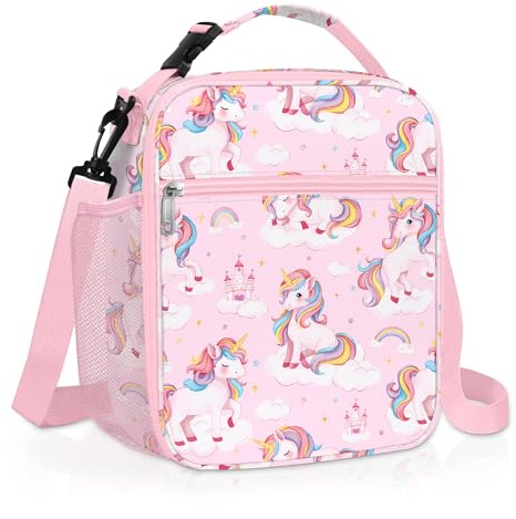 Clastyle prinsessa isolerad barn lunchväska stor termisk kylväska för flicka picknick skola lunchlåda tygväska, rosa enhörning slott