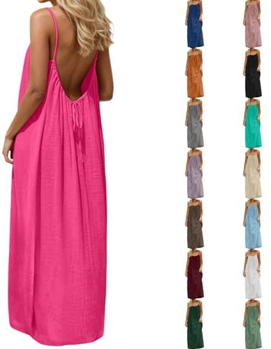 Backless Cami Dress,Lounge Dress Open Back Solid Color Dresses Spaghetti Strap Flowy Beach Summer Loose Vacation Maxi Sundress * Light Pink X-Large