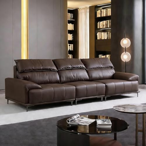 Italiensk lyxig enkel mörkbrun lädersoffa, rymlig och mjuk soffa med massiv träram, modern stor storlek, lämplig för vardagsrum/kontor/lägenhet.