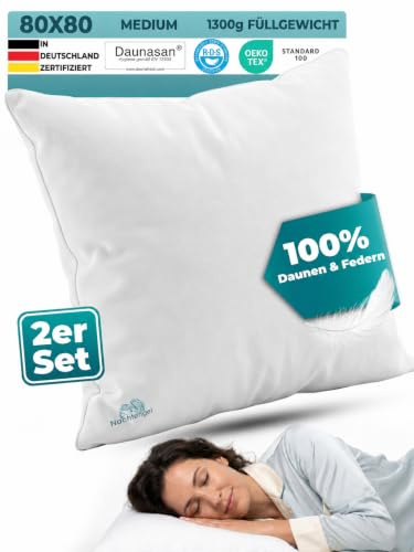 Nachtengel Daunenkissen 80x80 – Medium 1300g, 2er Set | Federkissen 100% Daunen & Federn, 100% Baumwollbezug, Oeko-Tex geprüft, allergikerfreundlich – 80x80, 1300g, 2er Set
