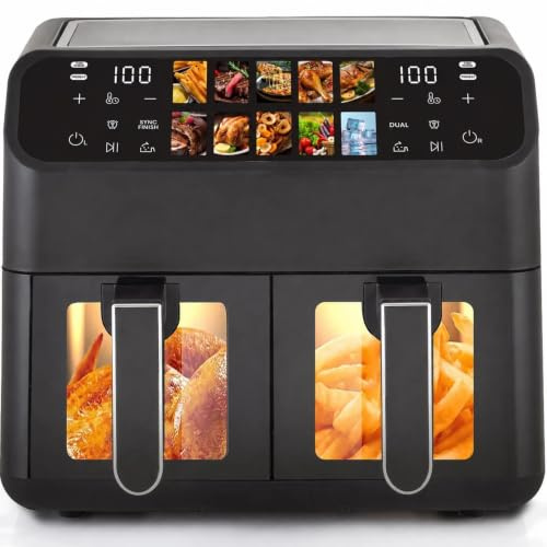 Draixcor Heißluftfritteuse 9L XXL Dual 2000W, Airfryer mit 2 Kammern, Sichtfenster, Farb-Touchscreen, 10 Programme, Sync-Finish, fettarm, Schwarz