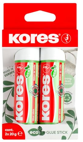 Kores - Bâton de Colle Écologique, Adhésif à Forte Adhérence, Colle de Bricolage Sûre et Non Toxique pour l'Artisanat, Respectueuse de l'Environnement, Paquet de 2 x 20g