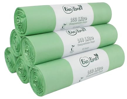 140 Litre x 60 Bags BioLiner Compostable Wheelie Bin Liner - Biodegradeable Sacks/Liners - EN 13432 - Compostable 140L Bags with Composting Guide