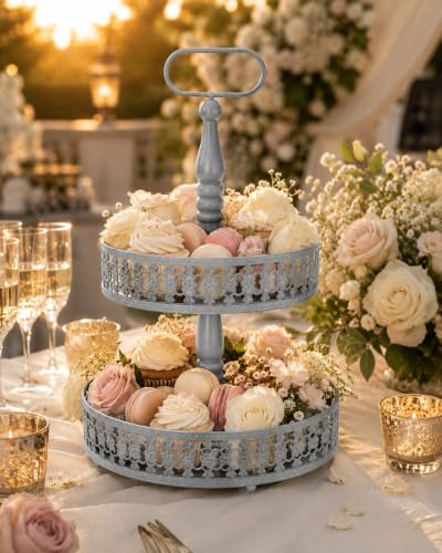 Etagere 2-stöckig Metall Grau Ø 20/25 cm 50 cm hoch Servieretagere Obstetagere Cupcake Ständer Servierständer Obstschale Dekoration Küchen Organizer Candy Bar