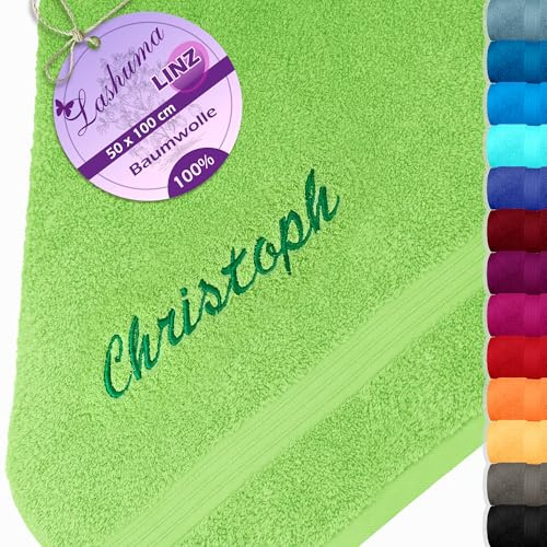 Lashuma Handtuch mit Namen Bestickt Grün - Apfel, Linz Frotteehandtuch personalisiert 50x100 cm