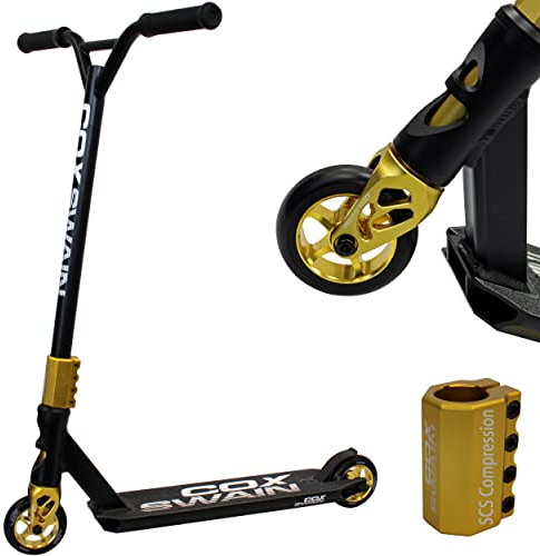 Cox Swain Stunt Scooter X-385, SCS-Kompression, CNC Fork, 100mm PU/Alu Rollen, ABEC 9, Kinder + Erwachsene, Anfänger + Profis, super stabil - schwarz/Gold