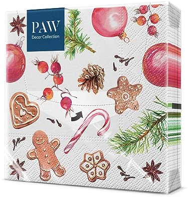 PAW - Servilletas Papel 3 Capas (33 x 33 cm) I 20 Unidades I Servilletas Navideñas I Diseño Navideño, Invernal, de Estrellas y Caramelos I Color: Homemade Sweets