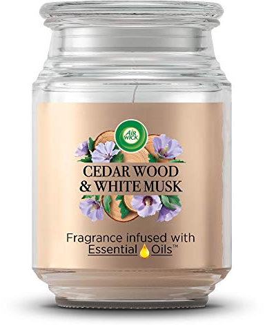 Air Wick Große Duftkerze im Glas, Zedernholz & Mandelblume mit ätherischen Ölen, 1 Stück