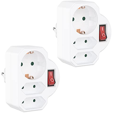 benon 2er Set Mehrfachstecker mit Schalter - Steckdosen-Adapter mit Kindersicherung - Doppelstecker 3680W - Multistecker 3Fach - Mehrfachsteckdose 2 Euro und 1 Schuko - Stecker mit Schutzkontakt Weiß