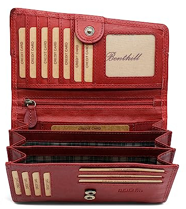 Benthill Geldbörse Damen Groß Echt Leder - RFID Portemonnaie Gross aus echtem Rindsleder - XXL Geldbeutel mit vielen Kartenfächer, Farbe:Rot