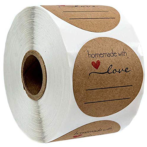 Handmade with Love Stickers, 500pcs Round Baking Kraft Label Stickers Self-Adhesive Label Decor Heart Shape Stickers for Homemade Gifts (25mm)