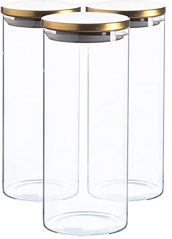 Argon Tableware Scandi Storage Jars with Metallic Gold Lids - 1500ml - 3 Pack - Modern Round Organisation Container Glass Jar for Kitchens, Pantry, Bathrooms, Utility Rooms