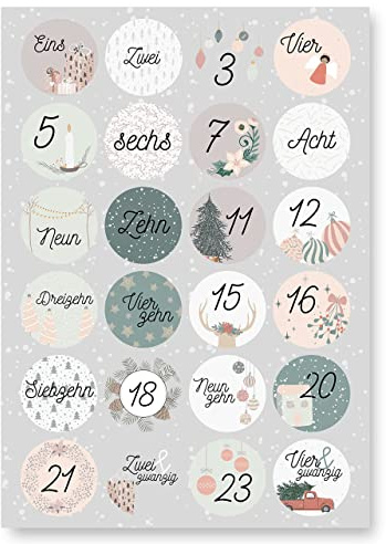 Adventskalender Aufkleber (Zahlen 1-24) - Sticker für Kalender zum selber basteln für Weihnachten - Adventskalenderzahlen Etiketten selbstklebend - Zahlenaufkleber - Nummern für Papiertüten - Rund