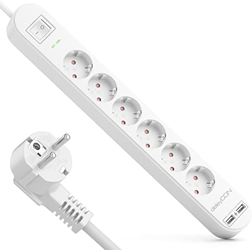 deleyCON 1,5m 6 Fach Steckdosenleiste mit USB Stromleiste 6X Schutzkontaktbuchsen 2X USB-A Ladebuchse für z.B. Handy & Tablet Überspannungsschutz EIN/AUS Schalter Weiß