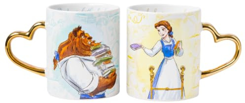 Silver Buffalo Disney Princess Die Schöne und das Biest Don't Mind the Books, goldfarbener herzförmiger Griff, 2 Stück, Keramikbecher-Set, 400 ml