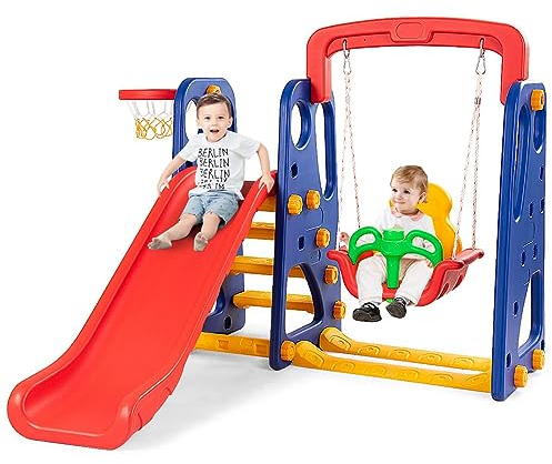 DREAMADE 3 in 1 Spielplatz mit Basketballkorb & Kinderrutsche & Kinderschaukel, für Junge und Mädchen, Multifunktionales Kinder-Spielset Spielturm für Indoor und Outdoor