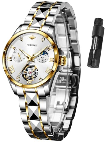 OUPINKE Womens Watches Automatic Luxury Rose Gold Watches Mechanical Moon Phase Tungsten Steel Crystal Skeleton Waterproof Luminous Women Watch