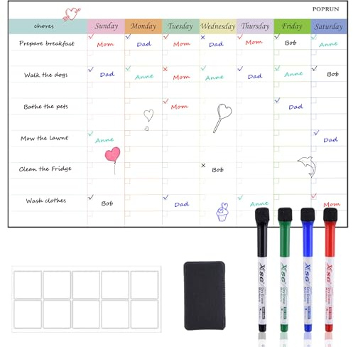 POPRUN Calendario magnético de borrado en seco para nevera, planificador semanal para refrigerador, calendario de agenda semanal para lista de tareas y tablero de tareas para adultos y niños, perfecto