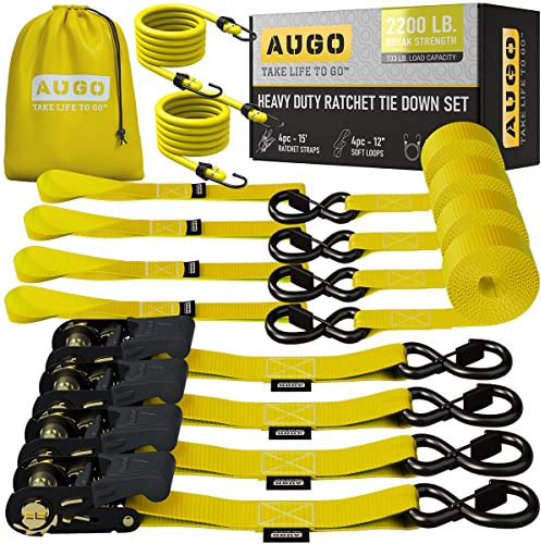 AUGO Spärrremmar kraftiga 4-pack – 15 FT – 200 pund brytstyrka – med säkerhetslås S-krokar – lastremmar för flytt, apparater, motorcykel – mjuka remmar för fästen