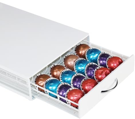 Castell Deco - Cajón Organizador Capsulas compatible con Vertuo, 100% Metal Blanco, Capacidad 40, Almacenar Capsulas de Café. Organizador Soporte dispensador Vertuoline.