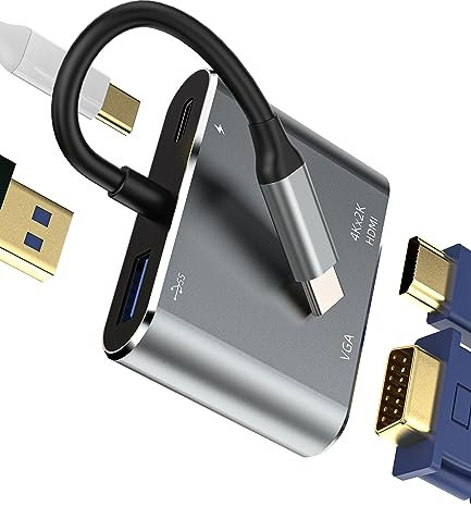 Adaptador USB C a HDMI VGA Thunderbolt 4 USB 3.0 Hub(4en 1) Cargador Jack Apple iPhone 15 Pro Max Plus iPad Pro Air Macbook M2 Estaciones de acoplamiento Ordenador Portátil Compatible para Samsung