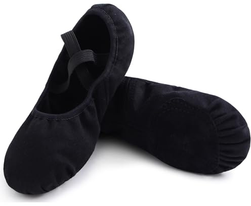 Uniuni Leinen Ballettschuhe Mädchen Ballettschläppchen Geteilte Ledersohle Ballerina Schläppchen Tanzschuhe Kinder Ballett Schuhe Elastische Gymnastikschuhe Weiche Tanzschläppchen Schwarz 32