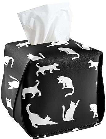 CaTaKu Taschentuchbox Abdeckung Quadratisch Schwarz und Weiß Katze Tissue Box Halter für Badezimmer, PU Leder Gesichts Kleenex Tissue Box Cube für Auto Büro