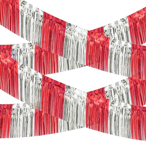 Fransengirlande aus Metallic-Lametta-Girlande, 3 m, für Parade, Hochzeit, Abschlussfeier, Heimkehr, Karneval, Geburtstag, Party-Dekorationen (Rot und Silber), 4 Stück