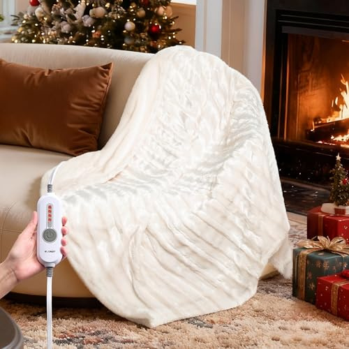 WOOMER Heated Blanket Throw 50 x 60, Electric Blanket Throw with 4 Heating Levels & 4H Auto Off, ETL Certified, White Double-Sided Velvet, Over-Heat Protect, Machine Washable