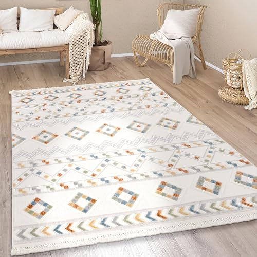 Paco Home Teppich Wohnzimmer Kurzflor Boho Modern Ethno Skandinavisch Geometrisches Muster Fransen, Grösse:80x150 cm, Farbe:Bunt 6