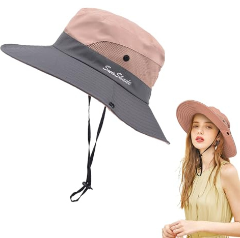 FUIPVGI Women Sun Hat, Summer Bucket Hat, Wide Brim UV Protection Mesh Ponytail Hat, Foldable Fisherman's Cap for Travel Hiking Fishing Beach Gardening Outdoor, One Size (Pink)