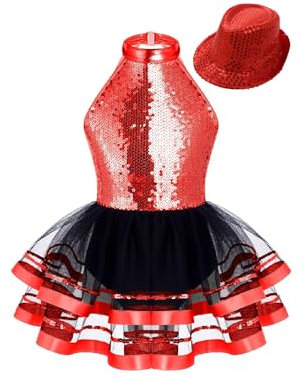 Rswnyirn Vestido de ballet para niña con sombrero, vestido de patinaje artístico, espalda descubierta, lentejuelas, traje de ballet, falda para niños, rojo, 158-164