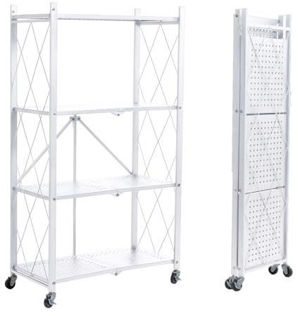 BRIAN & DANY Fällbar hylla med hjul, 4 våningar, vikbar kraftig hylla, metallhylla, vit, förvaringshylla, hopfällbar hylla för köket, kontoret, 71 x 36 x 127 cm