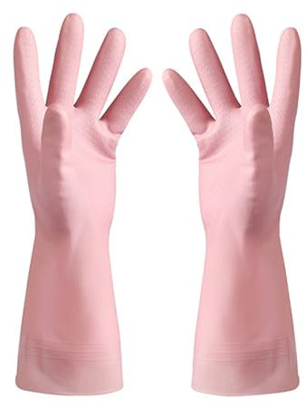 Sunicon Dishwashing Cleaning Rubber Gloves,Reusable Kitchen Gloves,Non Slip Grippy Long Dish Washing Gloves with Flocked Cotton Liner, Flexible (L)