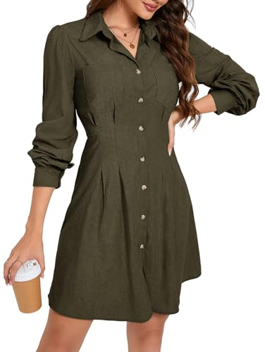 KOJOOIN Abito Camicetta da Donna, Abito Camicia in Velluto a Coste a Maniche Lunghe, Abito Tunica a Trapezio, Abito Mini in Velluto a Coste con Tasca e abbottonatura Verde Scuro M