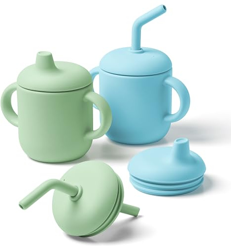 Navik | Vaso Aprendizaje Antiderrame Bebe Con Pajita y 2 Asas | Silicona | +6 Meses | Azul y verde