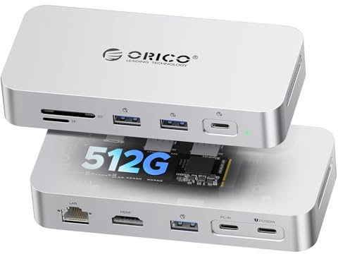 ORICO SSD Externo 512GB, Dock USB-C 10-en-1 Velocidad hasta 1000MB/s, Salida HDMI 4K@60Hz, Carga PD 100W, Ethernet Gigabit, Hub USB, Lector de Tarjetas SD/TF