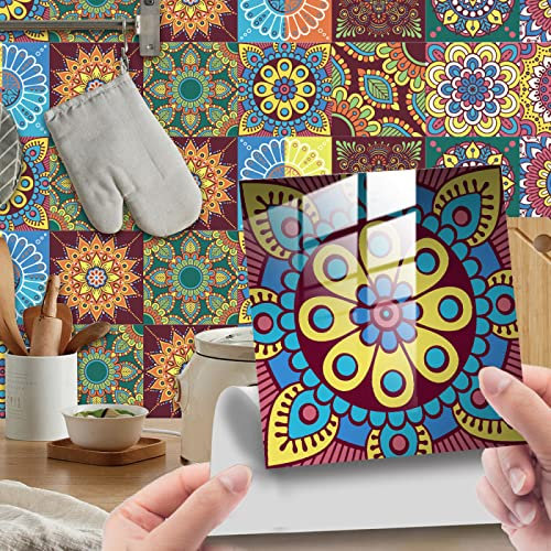 Fliesenaufkleber Gelb-Blaues Mandala zum Aufkleben Auf Fliesen Pvc Selbstklebende Wandfliesen Wasserdichte Ölbeständige Küchentapete Diy Abziehen und Aufkleben Bodenfliesen 10 Pcs (20 x 20 cm)