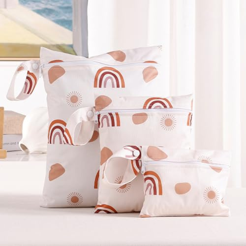 Treer 3 Stück Baby Windeltasche für Unterweg, Stoffwindeln Nasstaschen Wiederverwendbar Wasserdicht Waschbar Windeln Organizer Beutel mit Mode Streifen Muster und Reißverschluss (Rosa)