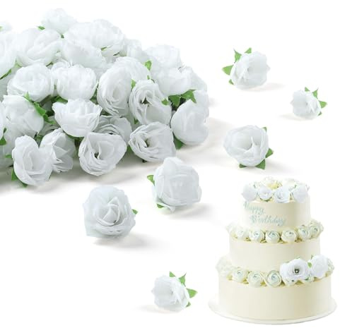Kinretixia 50 Stück 3 cm Mini Rosenköpfe in Weiß, künstliche Rosen, künstliche weiße Blumen für Zuhause, Hochzeitsstrauß, Blumenwand, Garten, DIY, Party, Geburtstagsdeko
