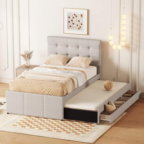 MQGPM Polsterbett Einzelbett 90x200 cm, Bett mit Schubladen und Ausziehbett, Bettgestell mit Verstellbares Kopfteil und Lattenrost, für Schlafzimmer Gästezimmer, Leinen, Ohne Matratze, Beige