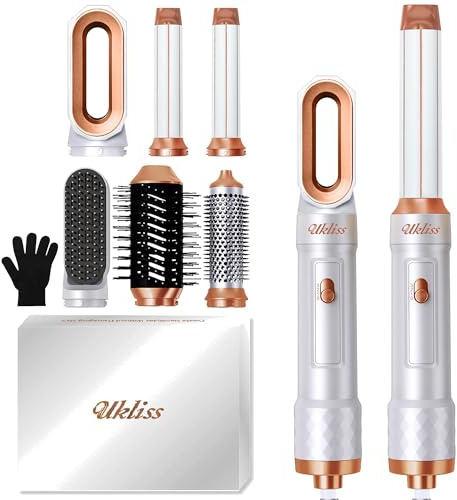 UKLISS Sèche Cheveux & Airbrush 6 en 1, Brosse Soufflante avec Hair Dryer, Brosse Cheveux Bouclé, Brosse Lissante Chauffante Brushing, Thermal Brush, Hair Styler Coffret Cadeaux pour Femmes - Blanc
