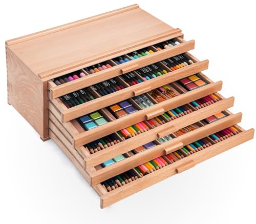 Falling in Art 6 Drawer Artist Supply Storage Box, Wooden Pastel Storage Box, Portable Organizer Box for Pastels, Pencils, Markers, Brushes and Art Supplies
