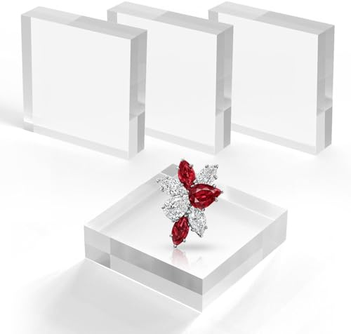 SAMYUCHO Acrylic Base Stand 4 Pieces Acrylic Blocks for Display 4 X 4 X 1 Inch Clear Polished Block Square Cube Riser Display Pedestal Stands for Jewelry Perfume Ring Collection Props Cake